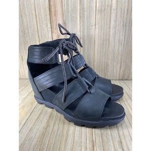 Sorel Joanie II Women's Ghillie Lace-Up Wedge Leather Sandals Black Size 9